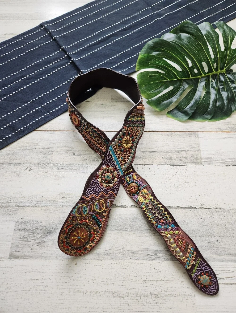 Chicos Embroidered Embellished Beaded Leather Wide Belt Brown Colorful Large
